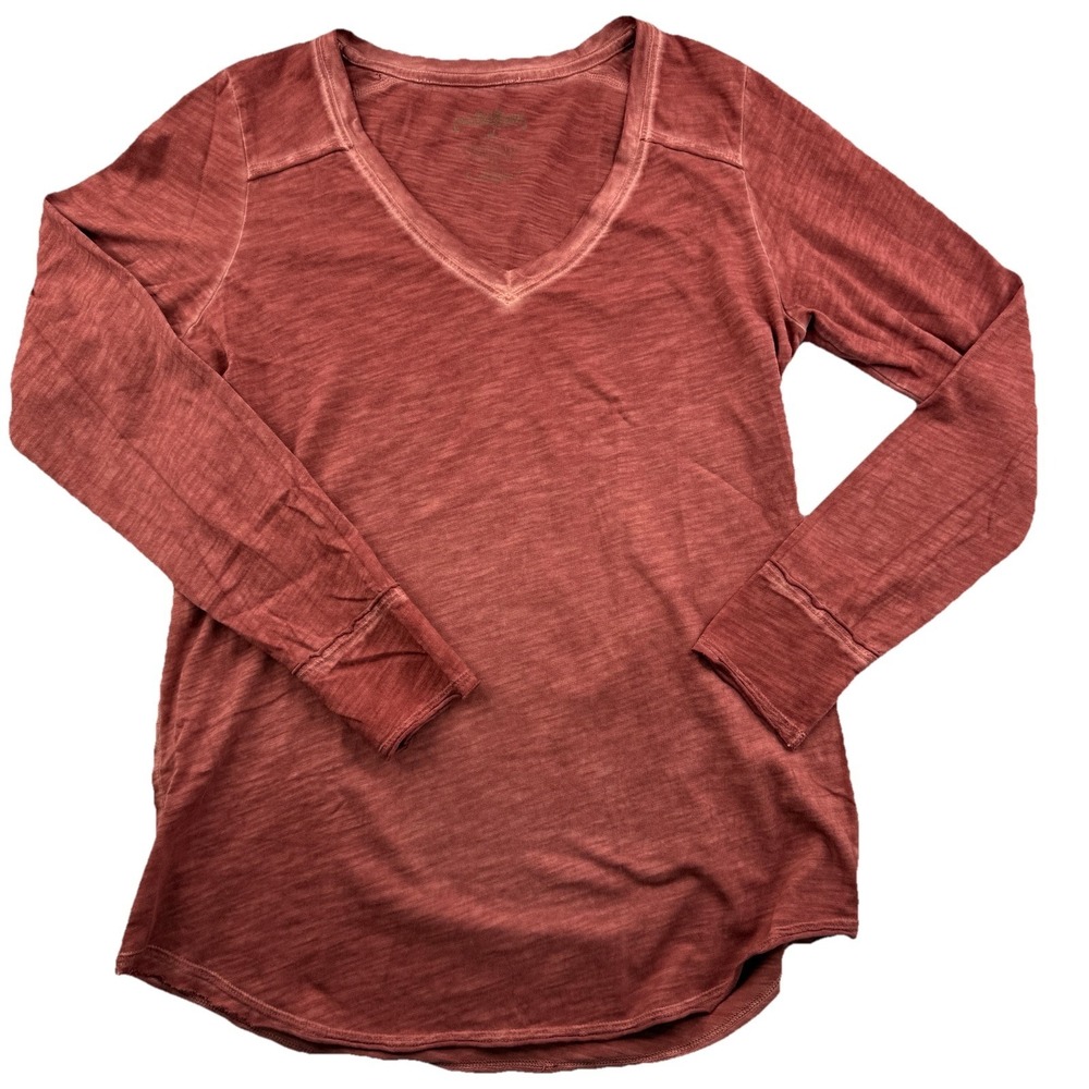Peruvian Connection Rust Cotton V-Neck Long Sleeve Tee Top M